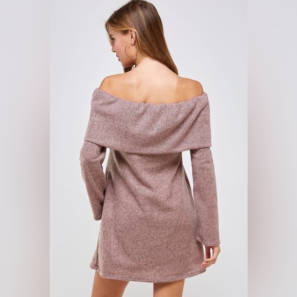 Off the Shoulder Knit Fold Over Sweater Dress with Pockets - Picture 3 of 5